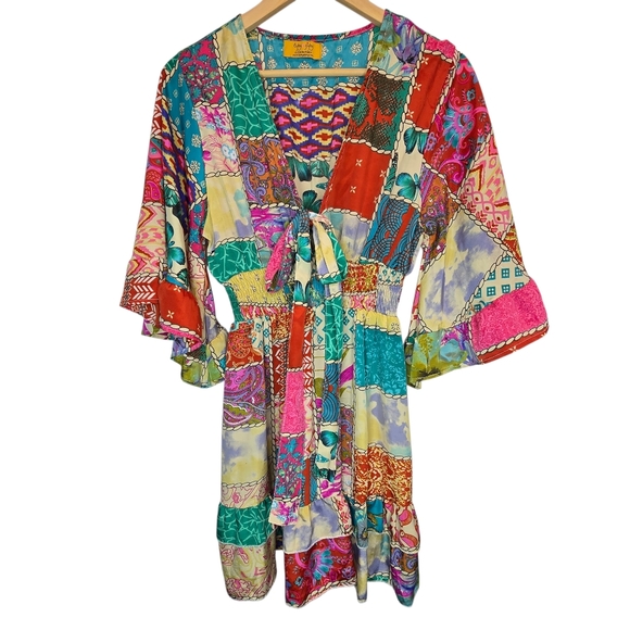 Tipsy Gipsy Colorful Patchwork Boho Tie-Front Mini Dress Size M - Picture 2 of 13